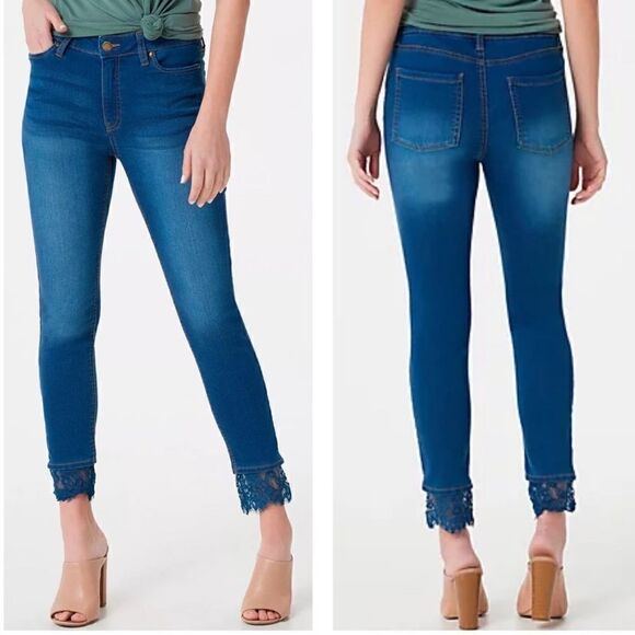 Haute Hippie Mid Rise Medium Wash Denim Jeans with Lace Hem Women’s 12 - Picture 1 of 6